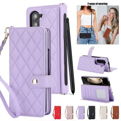 Luxury Crossbody Lanyard Leather Wallet Card Phone Case for Samsung Galaxy Z Fold 5 4 3 Wrist Rope Flip Stand Cover