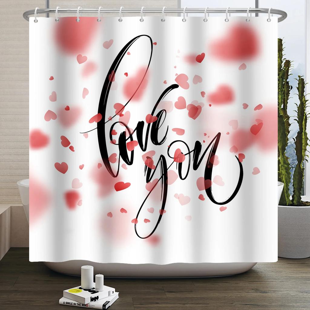 Happy Valentines Day Heart Shower Curtain Red Pink Romantic Falling Love Heart Sweet Lovers Waterproof Bathroom Curtain Decor