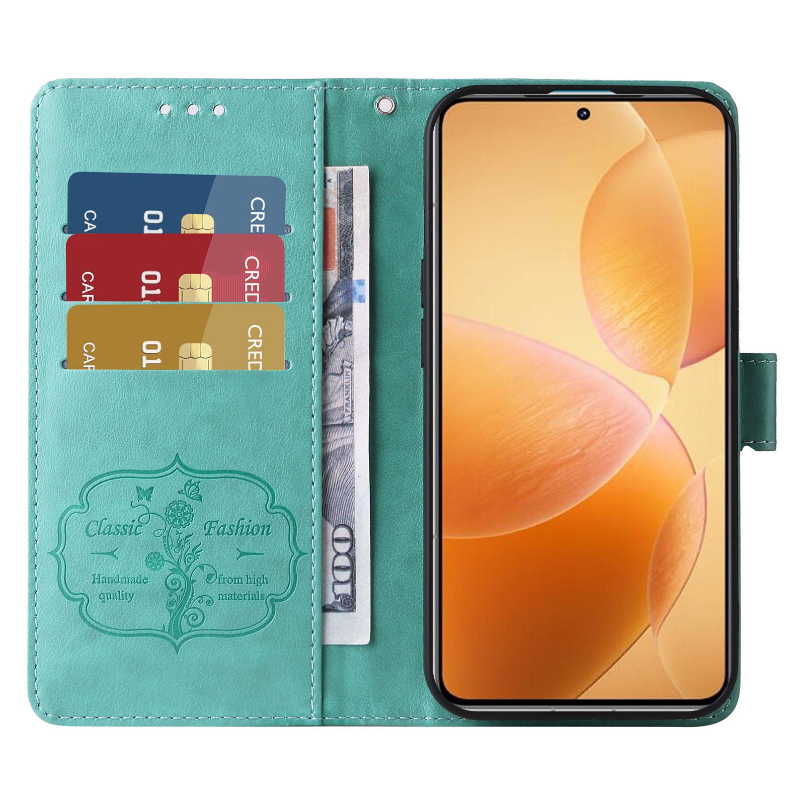 

For Xiaomi 14T Pro Leather Case Butterfly Floral Imprint Wallet Stand Cover Green