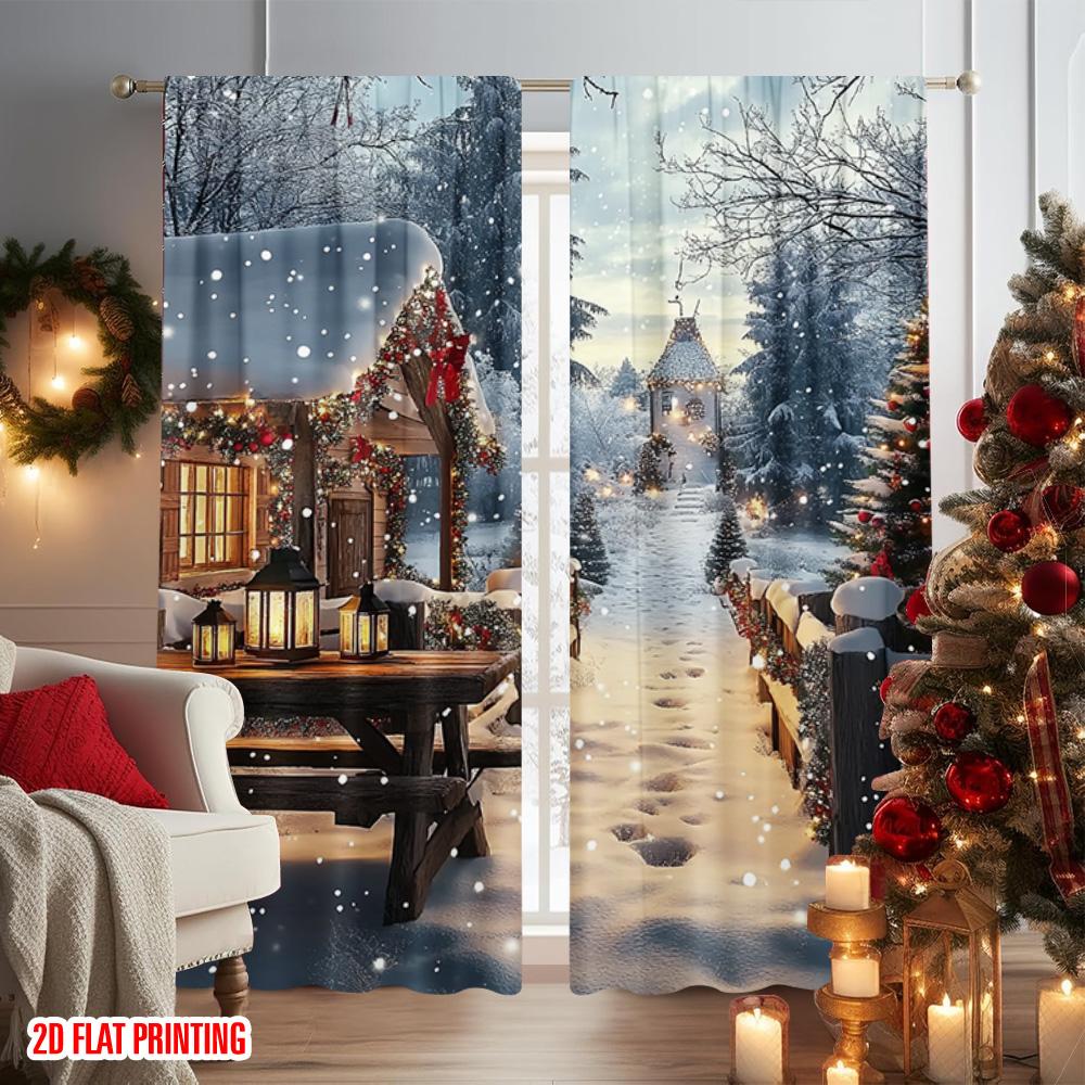2pcs 2D flat printing Merry Christmas Popular Curtain winter1 Versatile Fabric Without Electricity Festive Wall Decor Use for