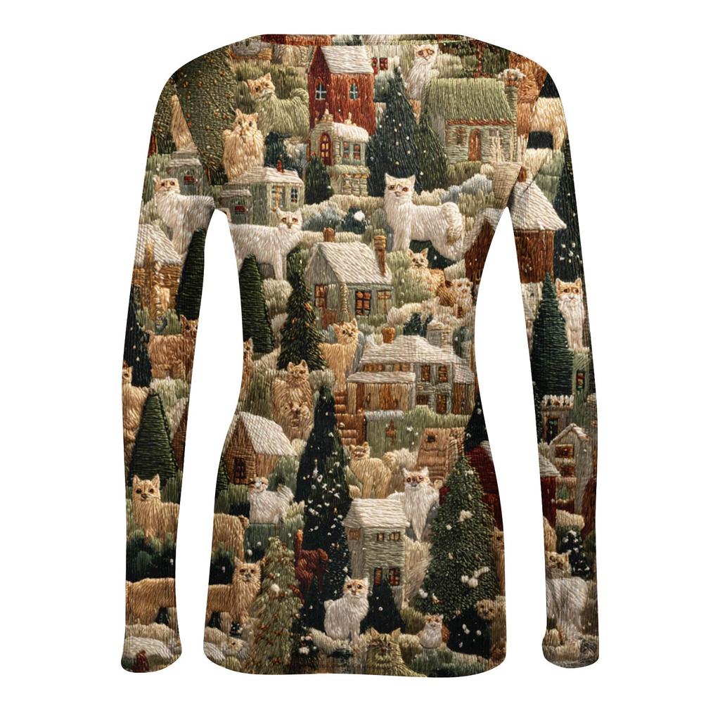 Camiseta de Fondo Delgado para Mujer Moda Casual Estampado Degradado Cuello Redondo Jersey Manga Larga Top