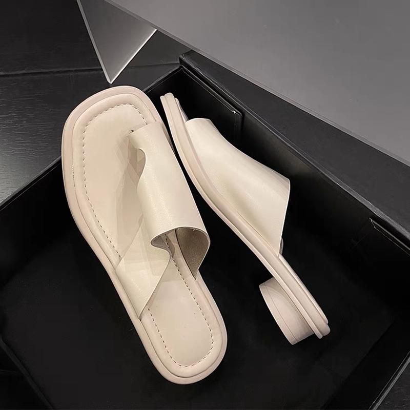 

Cowhide Flip-flop Lady Summer New Solid Color Square Toe Modern Slippers Women Outdoor Shoes Korean Chic Low Heel Slides Female 35 бежевий