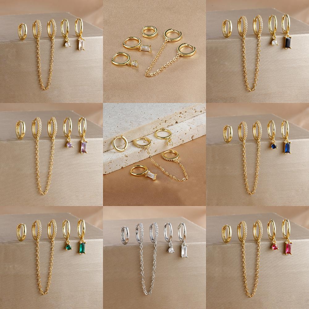 4pcs Fashion Colorful Zirconia Chain Square Earrings Set for Women Two Hole Round Circle Gold Color Hoop Earring Wedding Jewelry