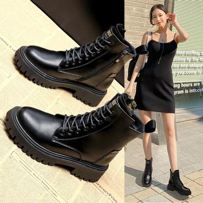 Martin Boots Women's Autumn and Winter New Cowhide Fashion Platform Short Boots Retro Locomotive Boots
