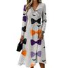 Women's Halloween Printed Long Sleeve V-Neck Dress with Pockets for Casual Everyday Wear