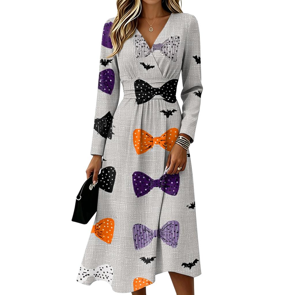 Women's Halloween Printed Long Sleeve V-Neck Dress with Pockets for Casual Everyday Wear