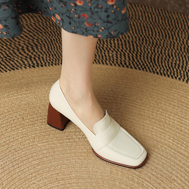 Fashion 2025 Spring New GENUINE LEATHER Women Shoes LEISURE Women Slip-On Shallow Pumps Square Toe Heels Shoes Women Zapatos De Mujer