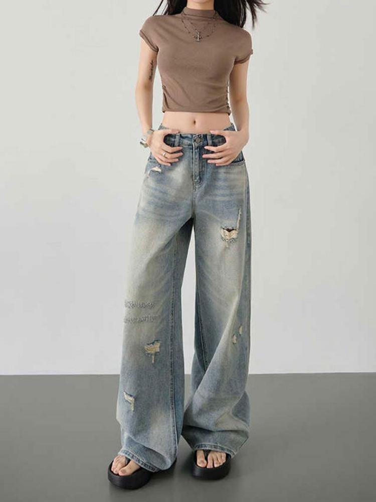 

Удобные джинсы с высокой посадкой и рваными коленями, женские, годовые, уличные, маленькие, свободные, тонкие, широкие прямые брюки, джинсы для женщин, длинные джинсовые брюки XS