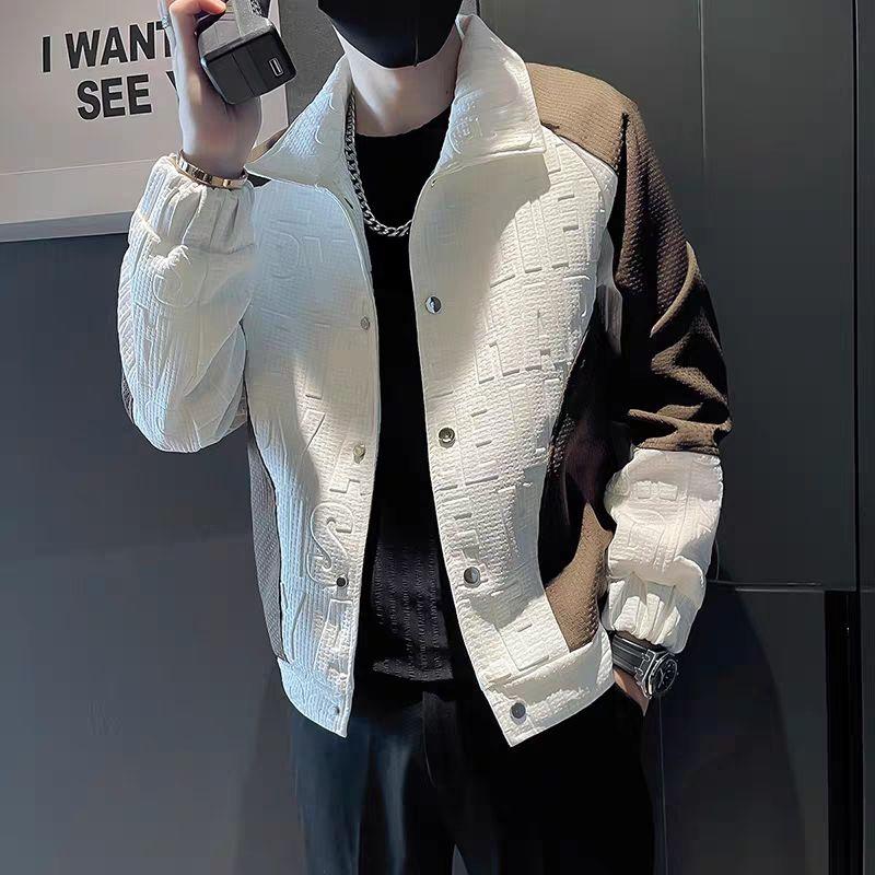 Fashionable Letter Patchwork Jackets Men's Clothing Contrasting Colors Autumn Winter Turn-down Collar Casual Button Loose Coats