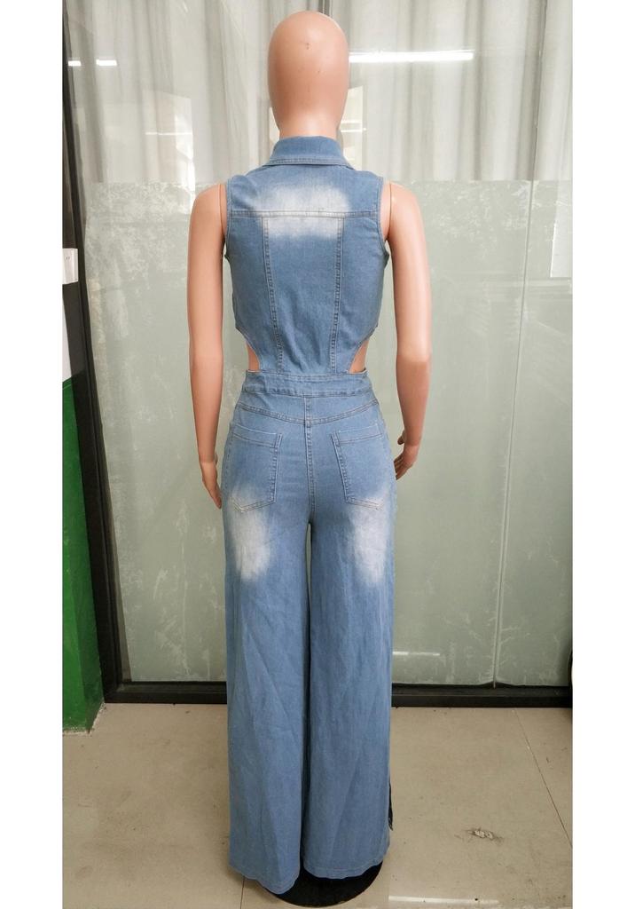 Slim Fit Elastic Washed Denim Jumpsuit