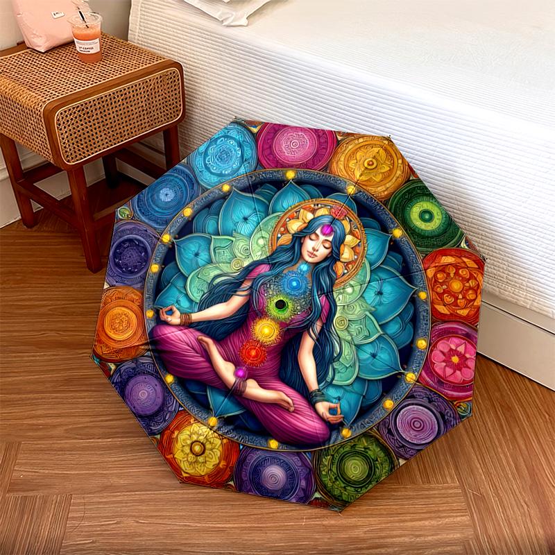 

1PC Chakras theme Umbrella Portable Folding Umbrella Iron Frame Hole Bone Structure Outdoor Home Umbrella A13