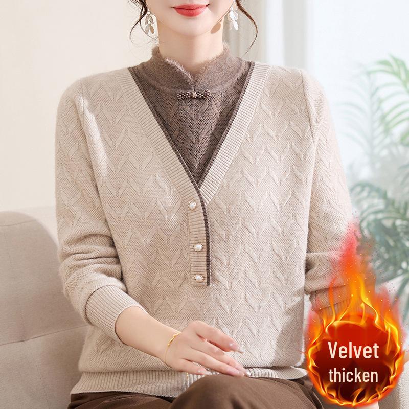 2025 Autumn/Winter New Arrival: Loose Long Sleeve Knit Sweater for Middle-Aged and Elderly Women - Simple, Comfortable Fake Two-Piece Style
