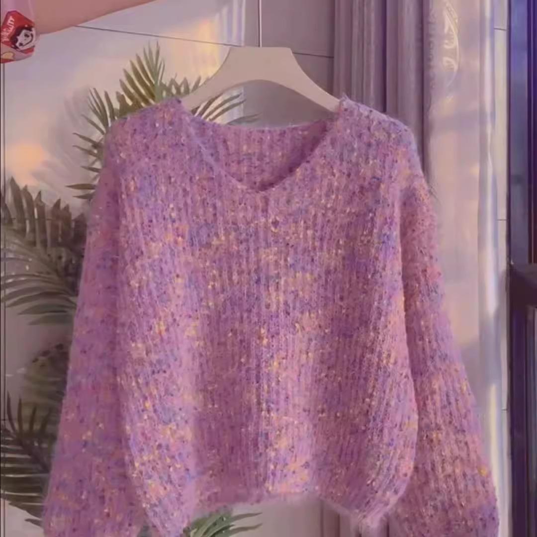 

Ленивый свитер с V-образным вырезом в разноцветный горошек для женщин - Вязаный пуловер-кардиган Осень/Зима 2025 Small фиолетовый