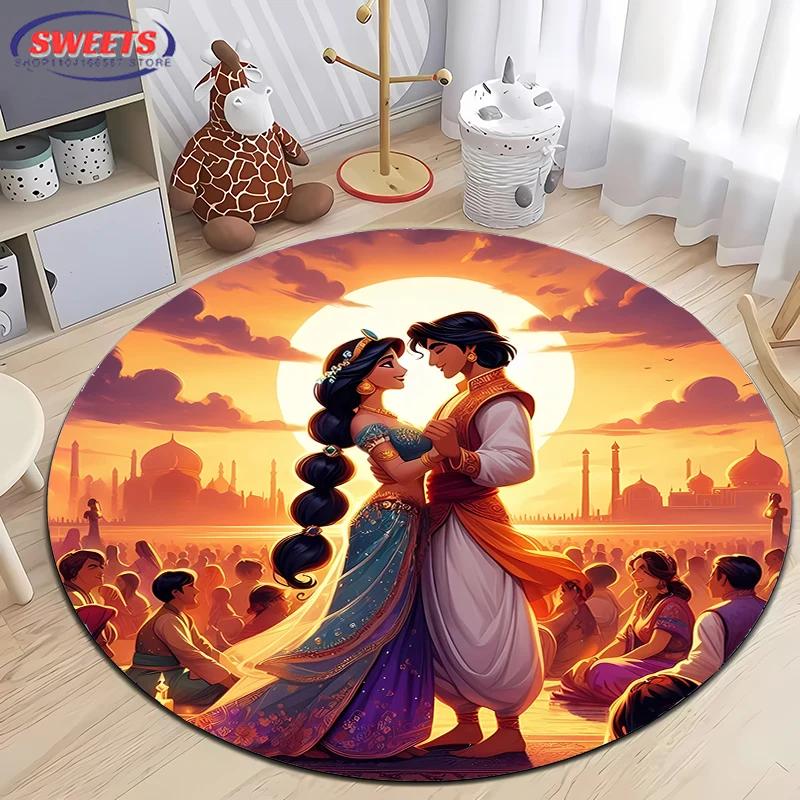 3D HD Princess Aladdin Cartoon Round Carpet, Living Room Bedroom Children's Room Comfort Rug, Non-Slip Durable Mat, Nice Gift