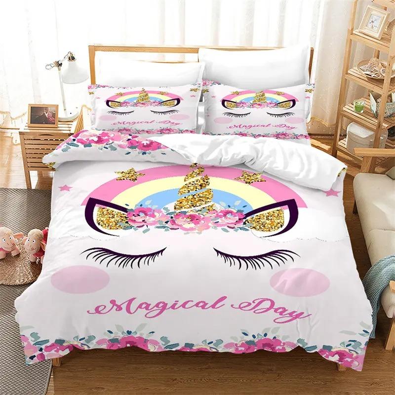 Colorful Luminous Unicorn Print Bedding Set 3D Cartoon Animal Pattern Duvet Cover Bedroom Decor With Pillowcases For Girls Gift