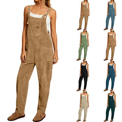 Women's Solid Color Corduroy Wide Leg Overalls Sleeveless Vest Pocket Casual Jumpsuit