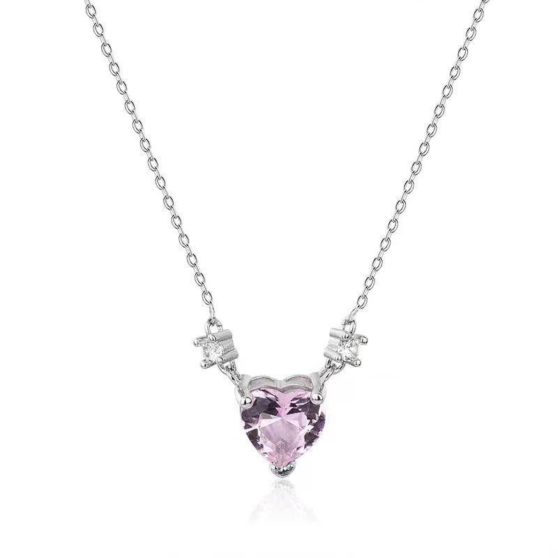 Women's Pink Heart Zircon Necklace – Cute Summer Clavicle Chain, Ideal Gift for Girlfriend