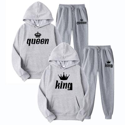 Men's And Women's Long Sleeves Couple Sportwear Set KING or QUEEN Printed Lover Hooded Suits Hoodie and Pants 2pcs Set Clothes