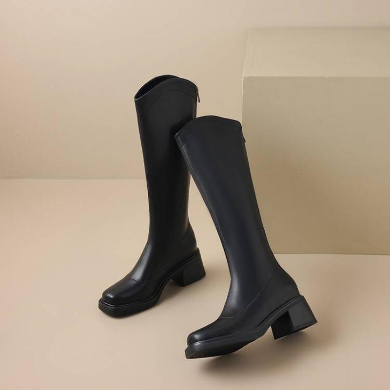 Korean version of solid color leather back zipper Martin boots medium heel large size women's leather boots square heel square heel autumn and winte