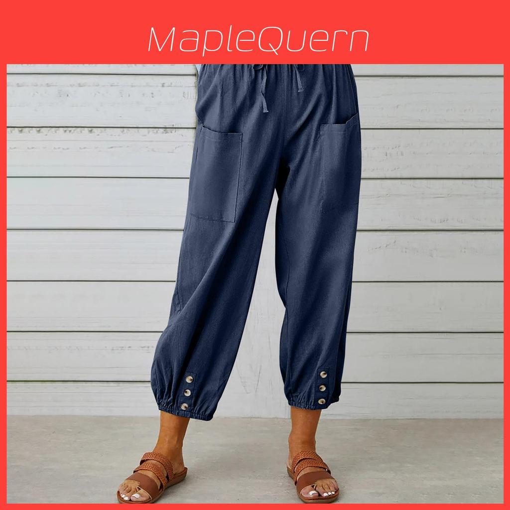 Polyester Blend Casual Pants For Women With Button Detail And Elastic Waist