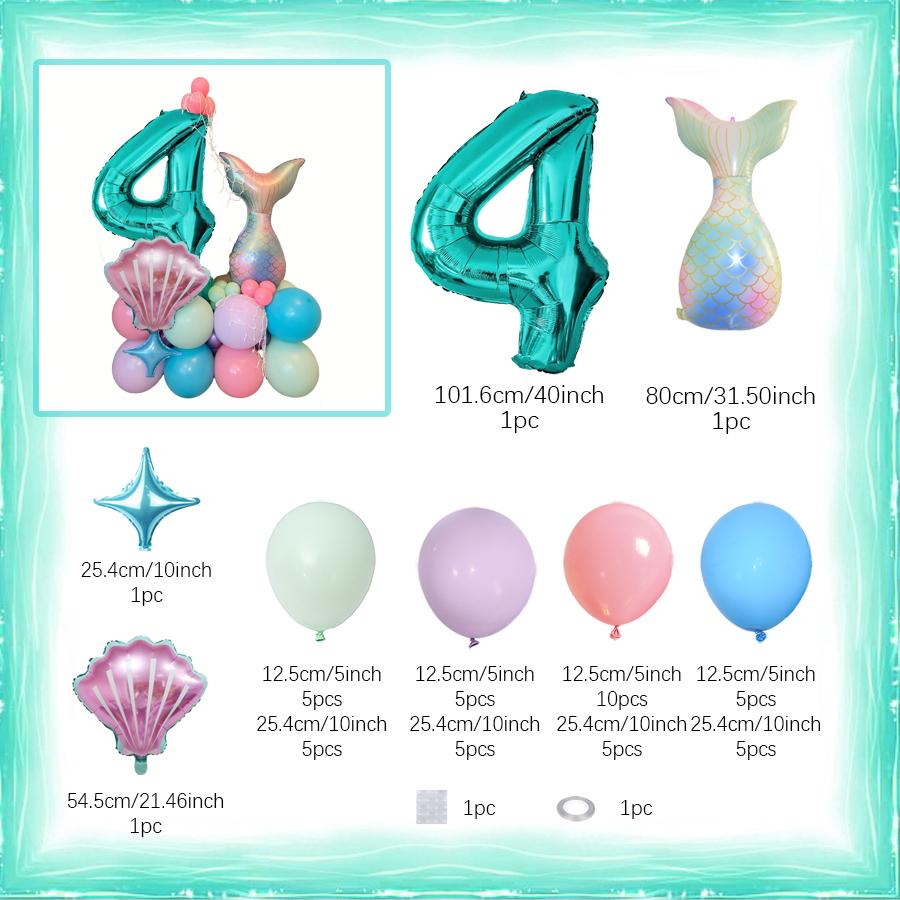Mermaid Shell Themed Balloon Set with Numbers 1-9th Blue Purple Pink Latex Foil Balloons for Girl Princess Birthday Party Decor
