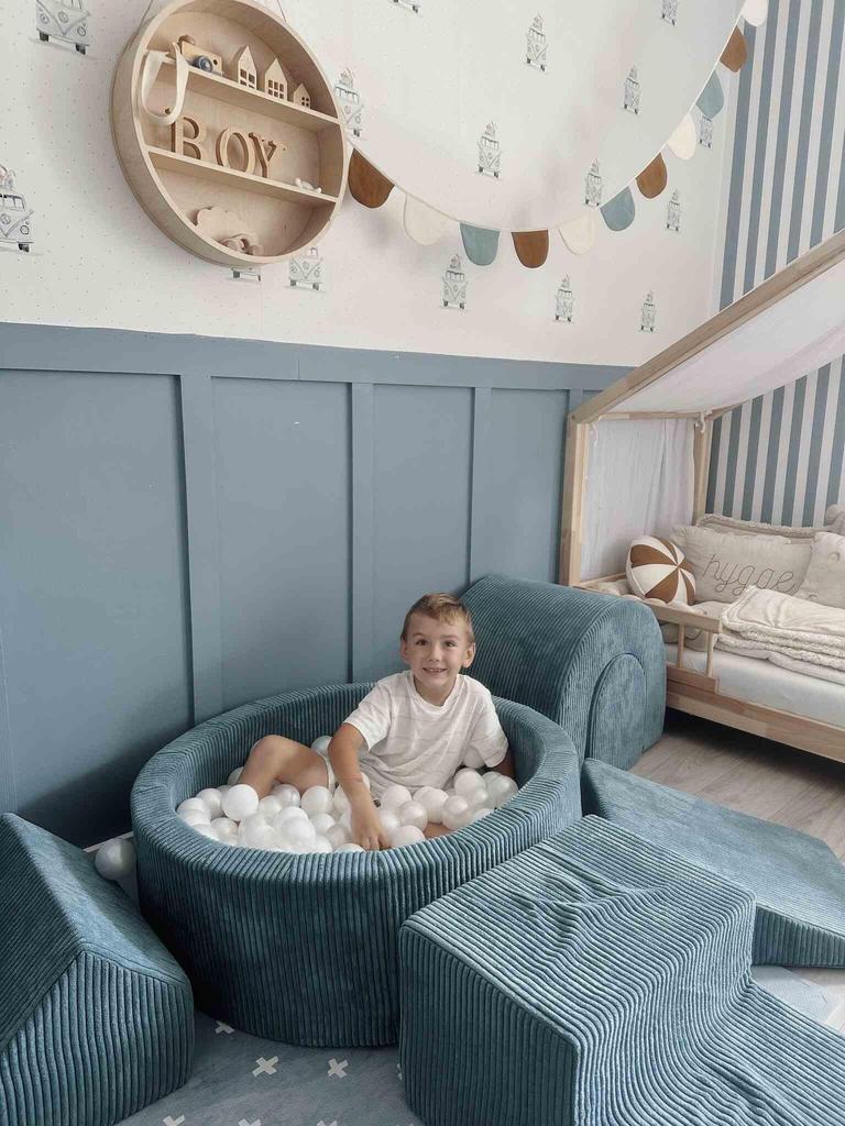 Foam playground with pool 90x30 Corduroy Blue 200 balls: pearl, silver, light mint
