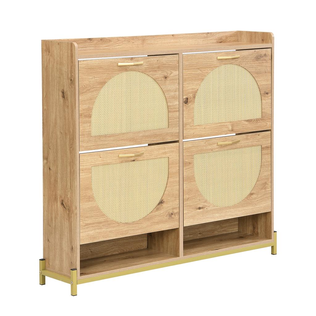 Elegant Wooden Shoe Cabinet with Rattan Doors – 4 Doors, Metal Frame and Top Shelf for Stylish and Organized Storage.