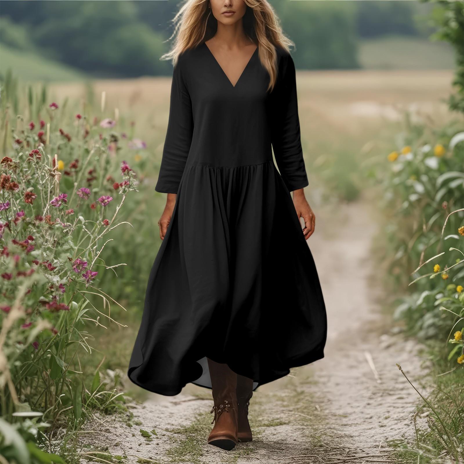 

Женское повседневное и модное платье с круглым вырезом и длинными рукавами средней длины M чёрный