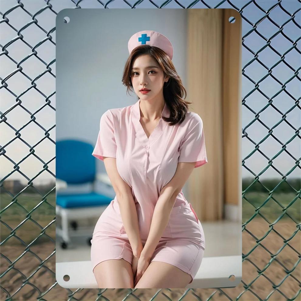 

HD Metal Tin Sign Sexy Asian Nurse Cosplay Portrait Vintage Wall Art D Flat Retro Iron Painting Plaque for Home Bar Pub Decor 20x30cm（7.8x11.8inch）