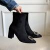 Fashion Suede Rear Zip Block Heel Single Boots Fall New Pointed Toe Rhinestone Square Buckle Non-Slip Wear-Resistant Short Shoe