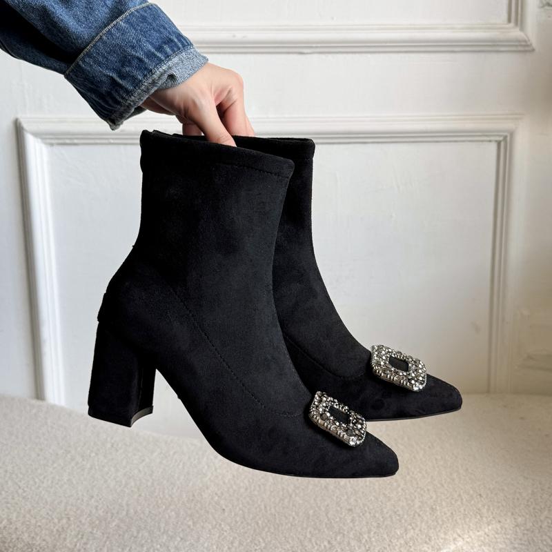 Fashion Suede Rear Zip Block Heel Single Boots Fall New Pointed Toe Rhinestone Square Buckle Non-Slip Wear-Resistant Short Shoe