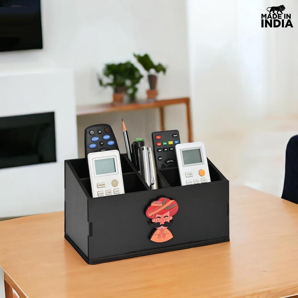 Stand with 5 Sections  Wooden Remote Holder for Living Room, TV, and AC | Stationary Organizer | 5 In 1 | Ideal for Home and Office (Black Rajasthan)