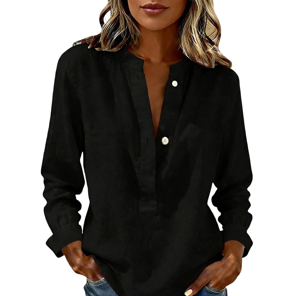 Women Loose Button Up Casual Blouses Long Sleeve Linen Tops