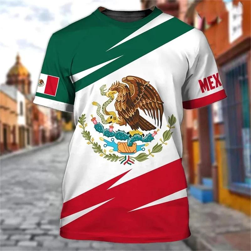 Mexican Flag National Emblem 3D Printed T-shirts Street Wear Oversized Round Neck Short-sleeved Men's T-shirts