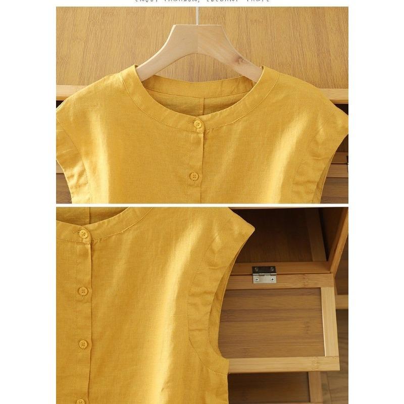 Women Yellow Linen Blend Sleeveless Blouse With Ruffle Hem And Button Down Casual Summer Top