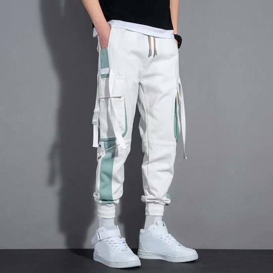 Men Cargo Pants Strap Decor Multi Pockets Loose Elastic Waist Ankle-banded Color Matching Hip Hop Streetwear Work Outdoor Trousers