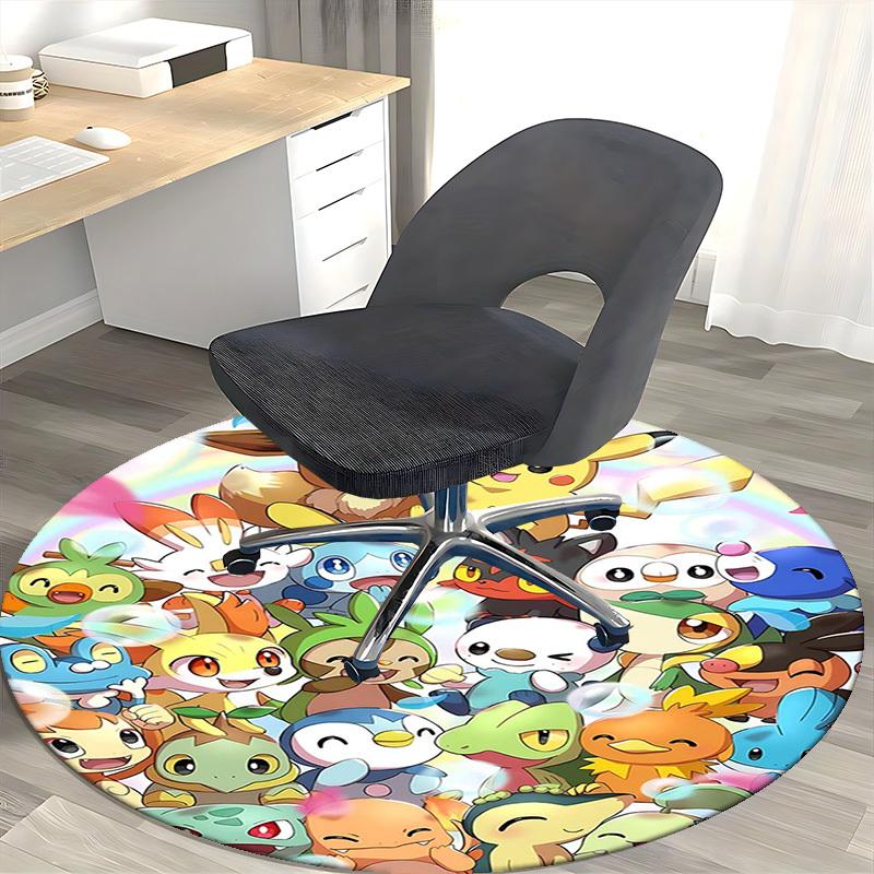 1 szt. Okrągły dywanik Pokemon Pikachu i Przyjaciele - Mata na krzesło z motywem anime do biura, wystroju domu, salonu