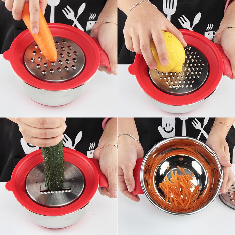 Mixing Bowls Kitchen Stainless Steel Non-Slip DIY Cake Bread Salad Mixer Baking Cooking Bowl with Cover Grater Set