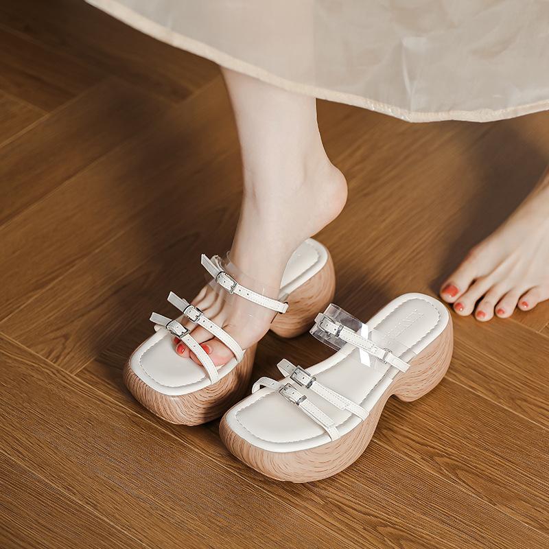 Platform Sandals Women's Fine Strap Wood Grain Summer New Vacation Slope Heel Soft Sole Heightening Word with Roman Shoes Slippers