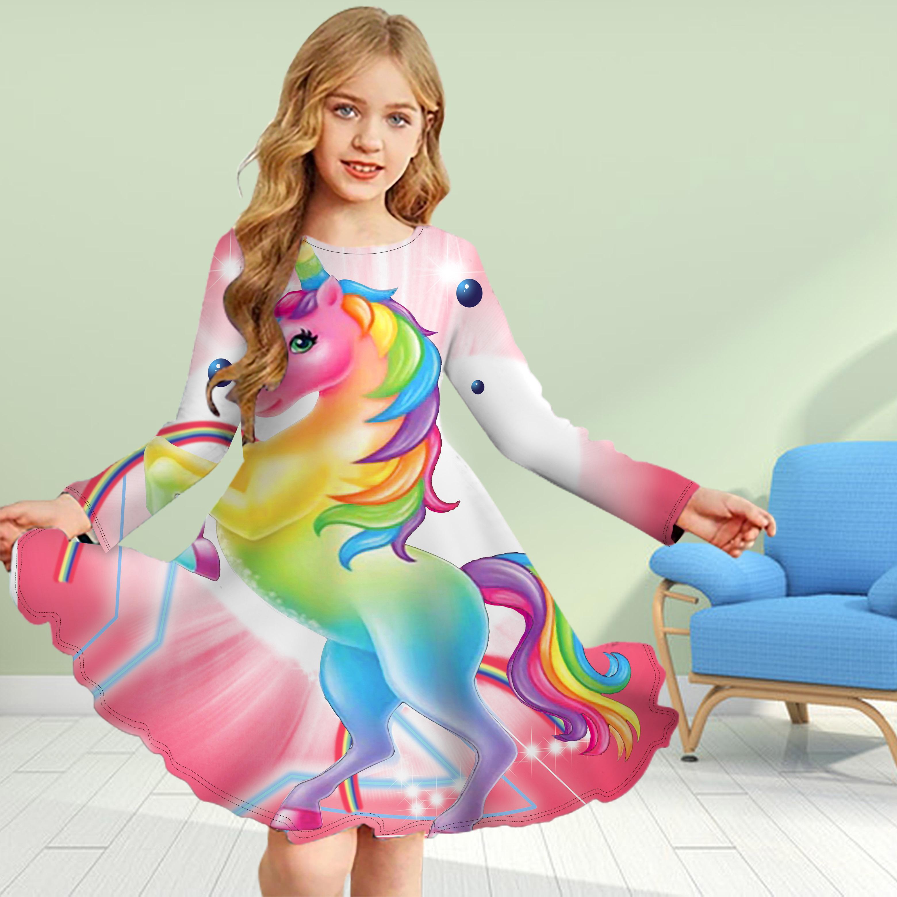 

Повседневное платье для девочек с 3D-принтом и милым единорогом, круглым вырезом и длинными рукавами, детское платье принцессы 110 розовый