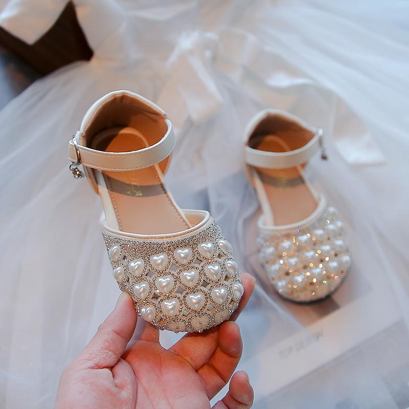 

Детские сандалии на плоской подошве с жемчугом, вечерние сандалии принцессы со стразами для девочек, детская кожаная пляжная обувь с отверстиями 34 бежевый