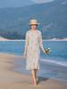 2026 Women's Retro V-neck Midi Dress - Elegant Cheongsam Style with Embroidered Three-Quarter Sleeves and Waist-Cinching Skirt