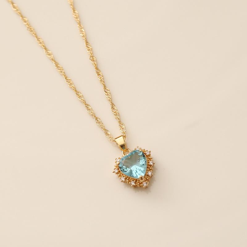 Vintage Gemstone Heart Pendant Necklace Sapphire Rhinestone Gold Plated Chain Necklaces Women Jewelry Zircon Choker