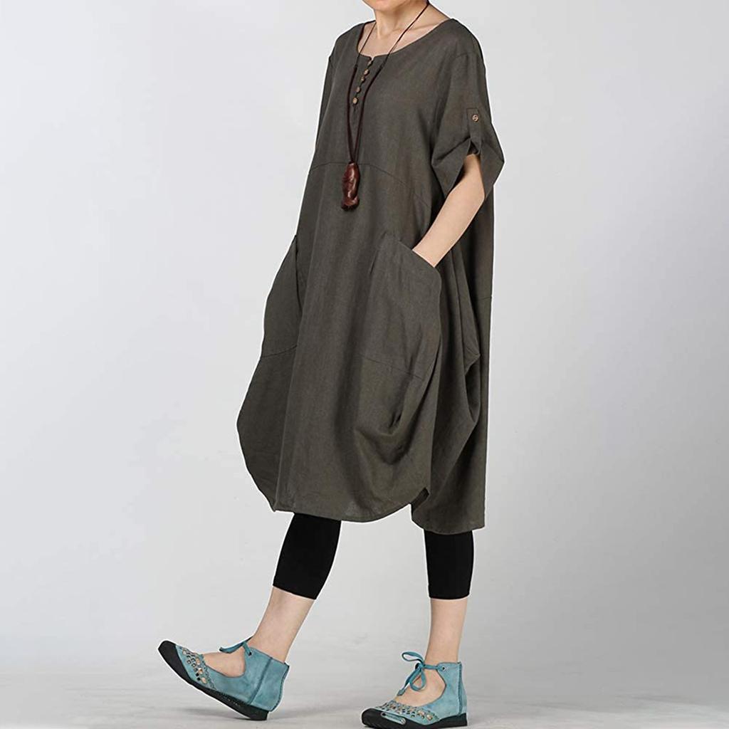 Women's Fat MM Linen Plus Size Lantern Skirt Round Neck Waist Dress