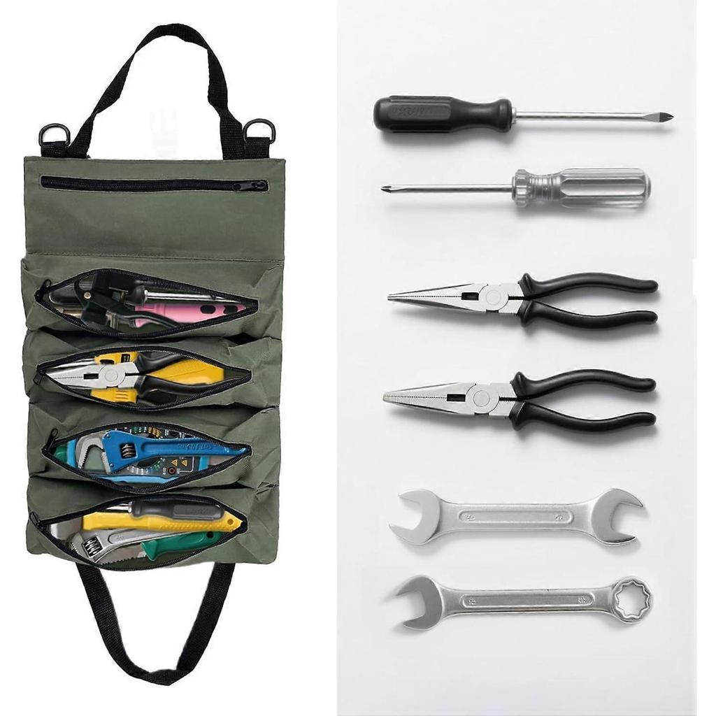 Rolling Tool Bag, Canvas Tool Bag for Wrenches, Multipurpose Rolling Bag with 5 Zippered Pockets, Small Portable Tool Kit for Plumbers