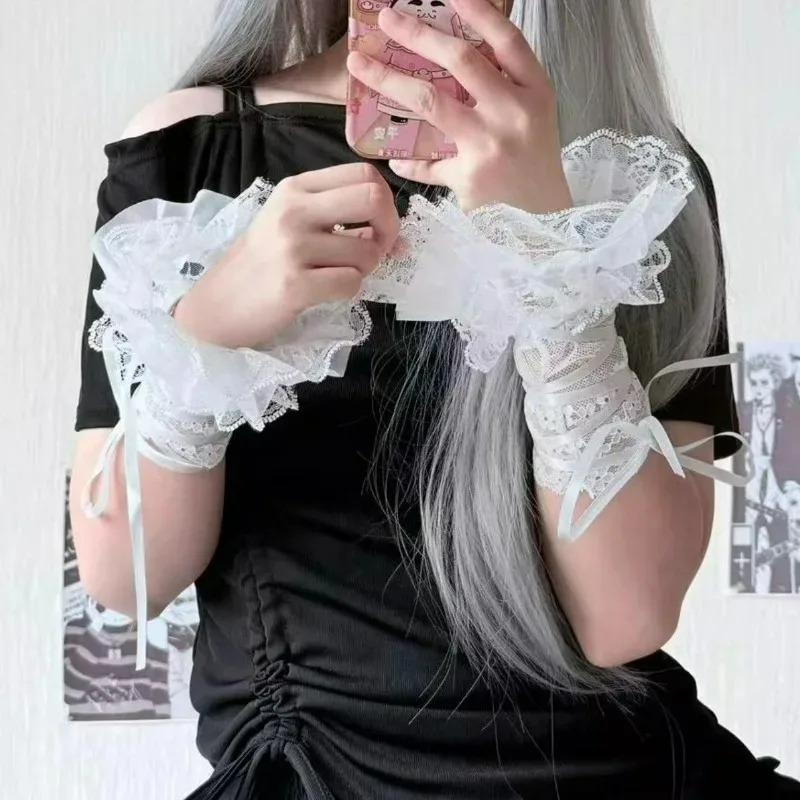 Lolita Y2K Style Sexy Lace Gloves Sweet Ruffled Tulle Fingerless Mittens Elegant Ribbon Tie Wrist Cuffs Anime Cosplay Gloves