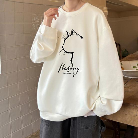 Pánská oversized mikina Hip-hop styl kočka Profil Potisk O Výstřih Volný Jednobarevný Silný plyš Pulovr střední délky Denní Sport Streetwear Top