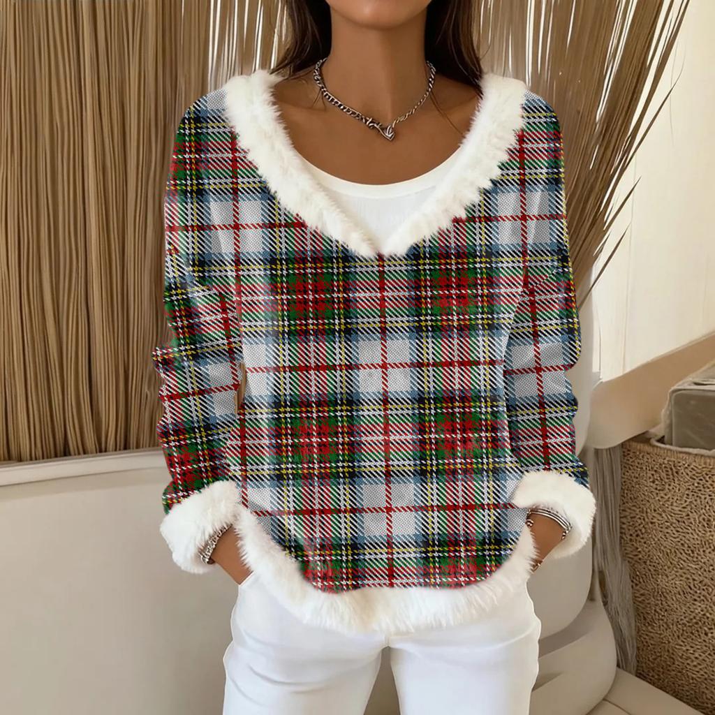 Dammode Plysch V-ringad Pullover Topp Långärmad T-shirt Tryckt Sweatshirt