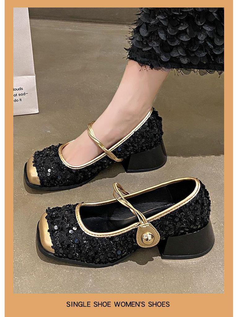 2024 Mary Jane Szpilki w stylu francuskim z cekinami: Szykowne Wiosenne Wieczorowe Skórzane Buty