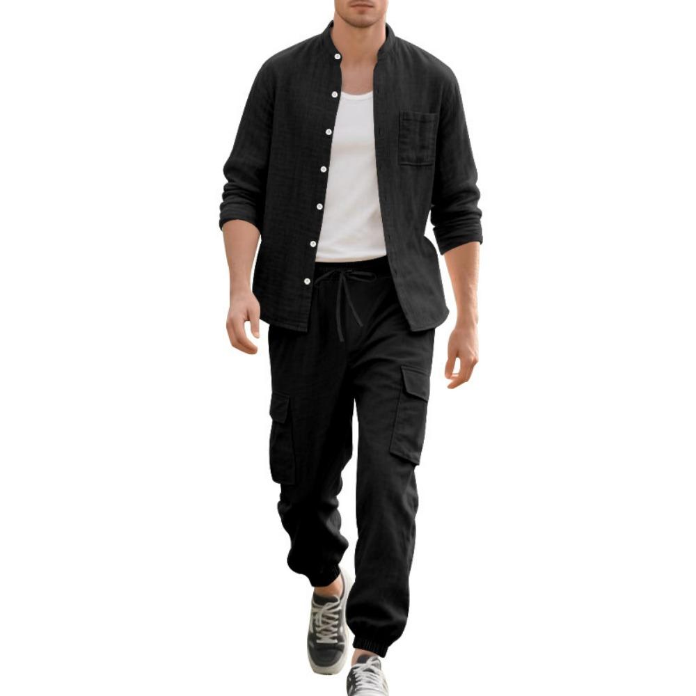 Spring and Summer Men's Linen Button Long Sleeved Shirt and Pants Set, Fashionable, Casual,  Breathable, Quick Drying 2-Pic Set